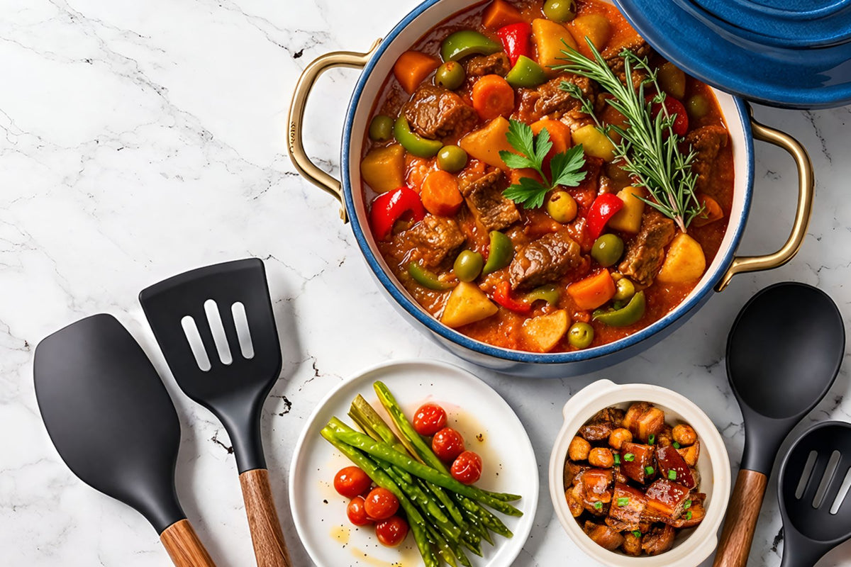 Zulay Kitchen Silicone Utensils Set with cooked meals