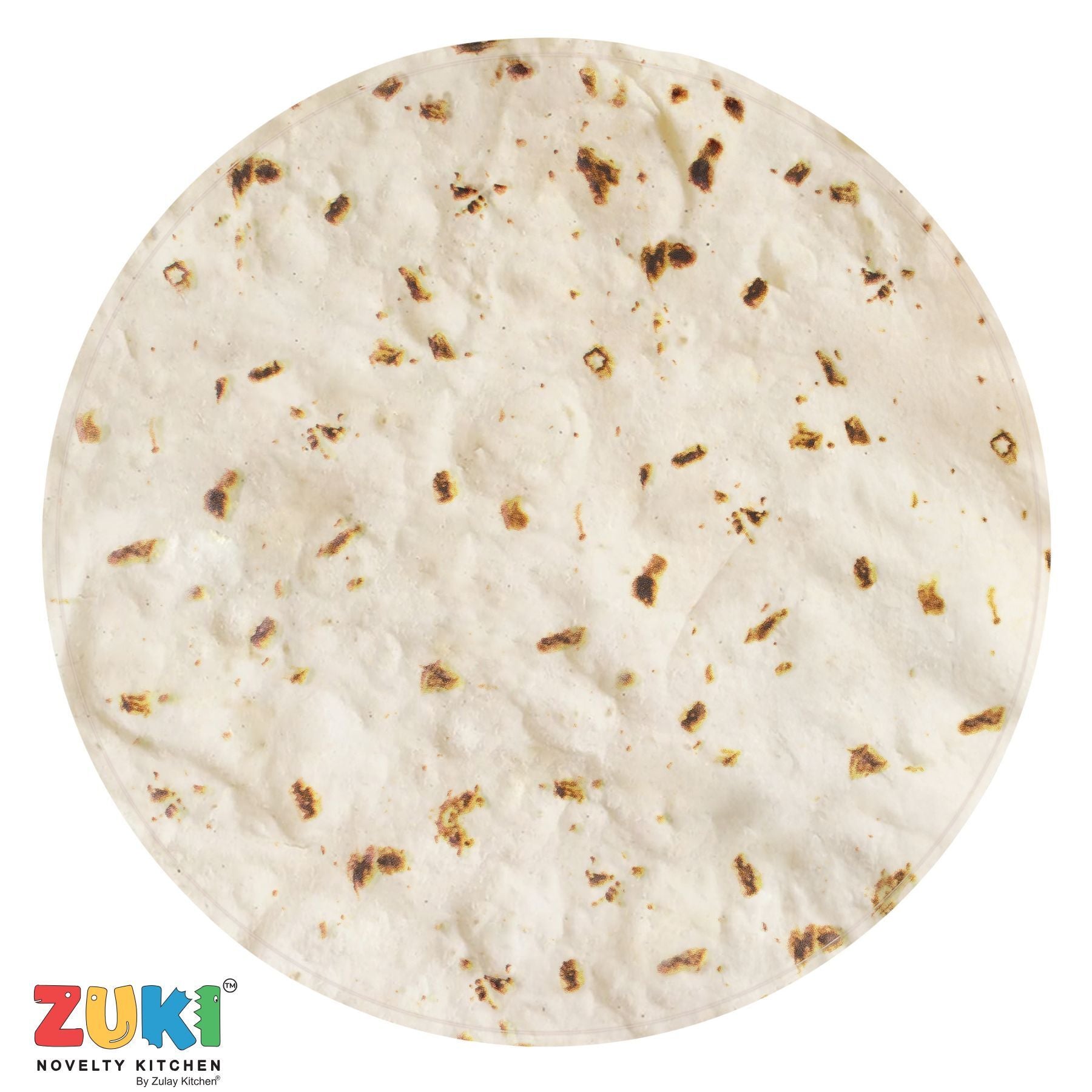 Round flatbread blanket with ZUKI Novelty Kitchen logo on a white background