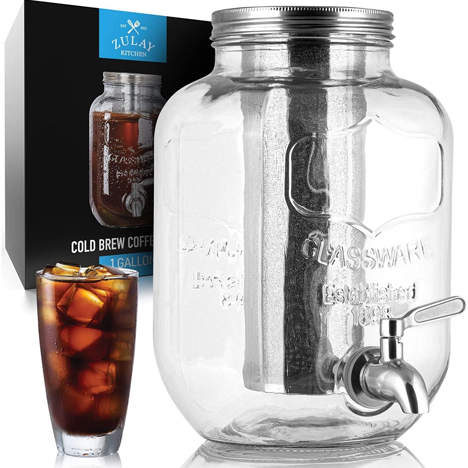 Zulay Kitchen 1 Gallon Cold Brew Coffee Maker with Thick Glass, Stainless  Steel Mesh Filter and Spigot - Iced Coffee Maker, Cold Brew Pitcher & Tea