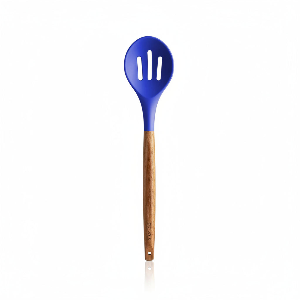 Slotted Spoon Dark_Blue_Silicone-Utensils-Set-5-Piece-with-Acacia-Wood-Handles-Zulay-Kitchen