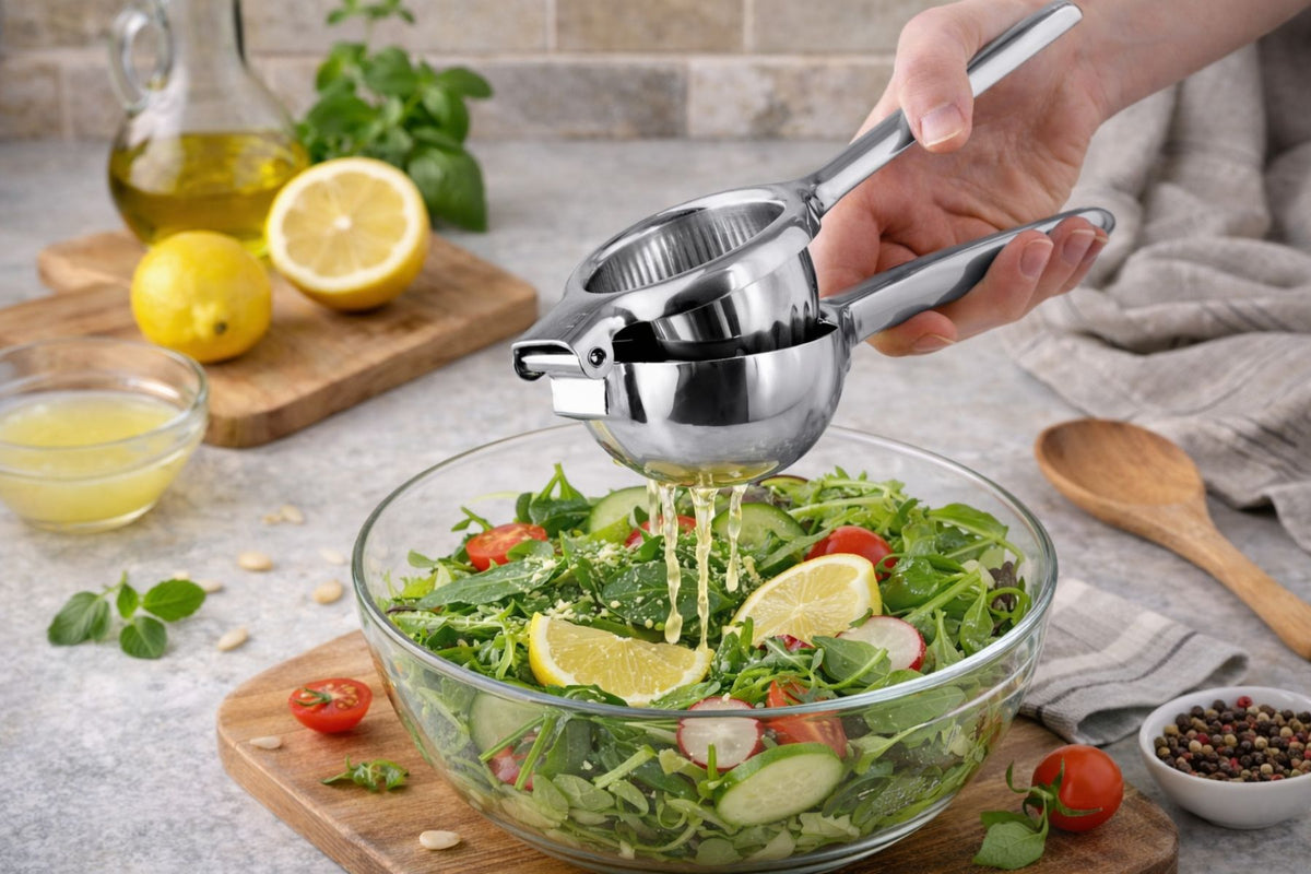 Person using the Zulay Kitchen Stainless Steel Lemon Squeezerover a salad on a kitchen counter.