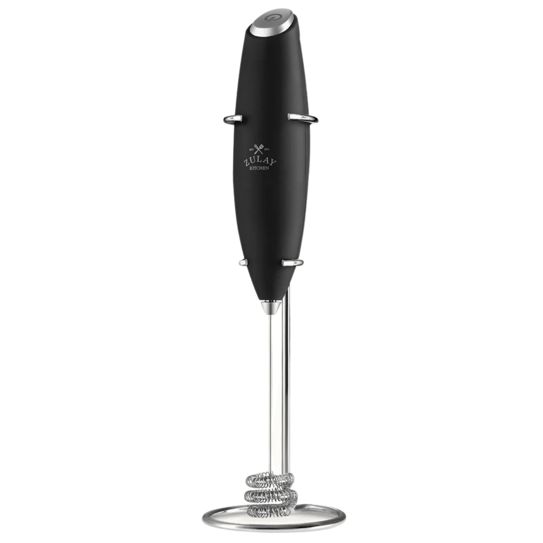 Tornado Triple Whisk Milk Frother with Stand & 2 Batteries - Black with Silver by Zulay Kitchen