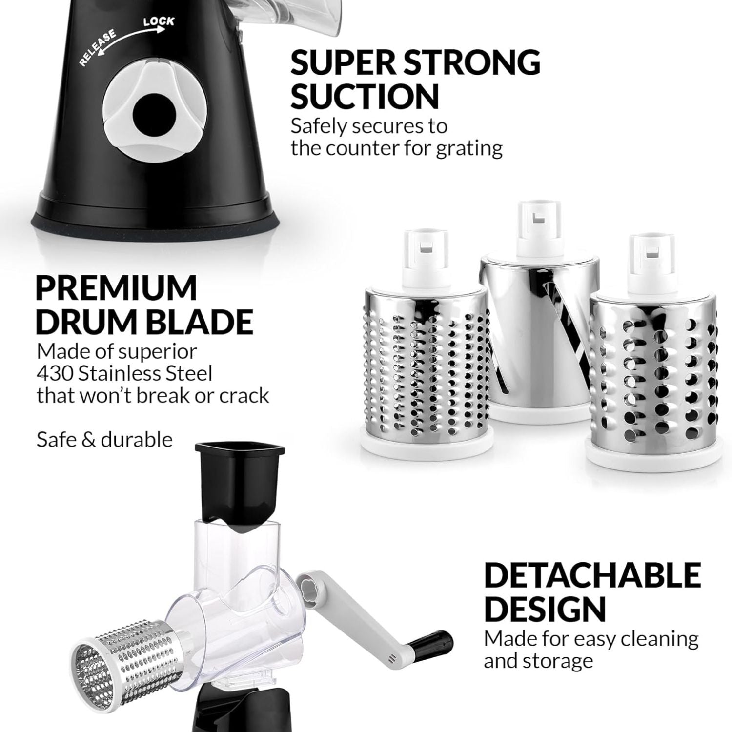 Easy-to-Use Rotary Cheese Grater with 3 Premium Drum Blades by Zulay Kitchen