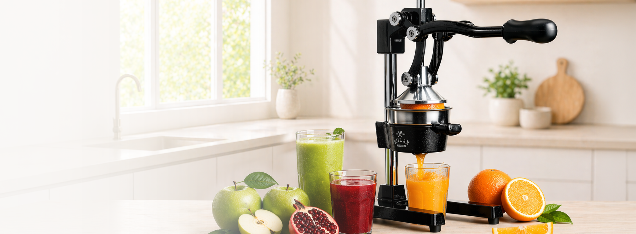 Zulay Kitchen black Cast-iron juicer on a kitchen counter with different kinds of fruits. 