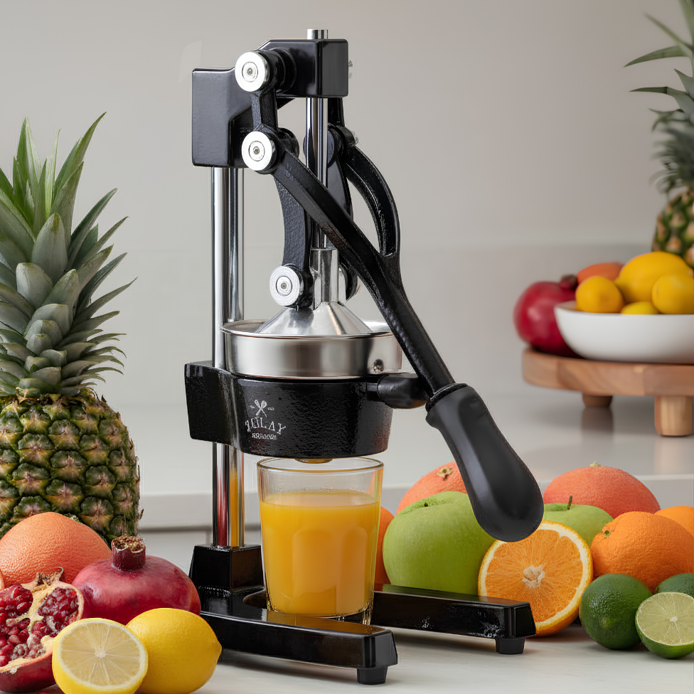 Zulay Kitchen black Cast-iron juicer on a kitchen counter with different kinds of fruits. 