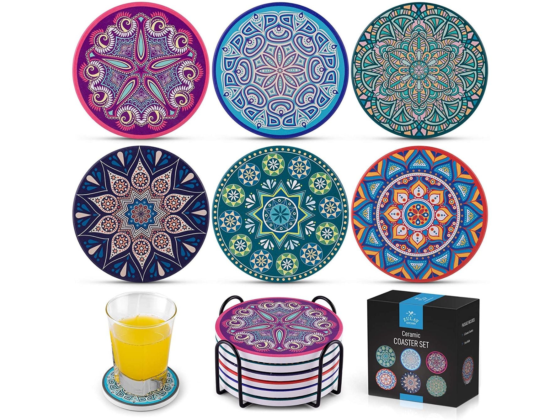 Mandala Coasters with Holder & Cork Base by Zulay Kitchen