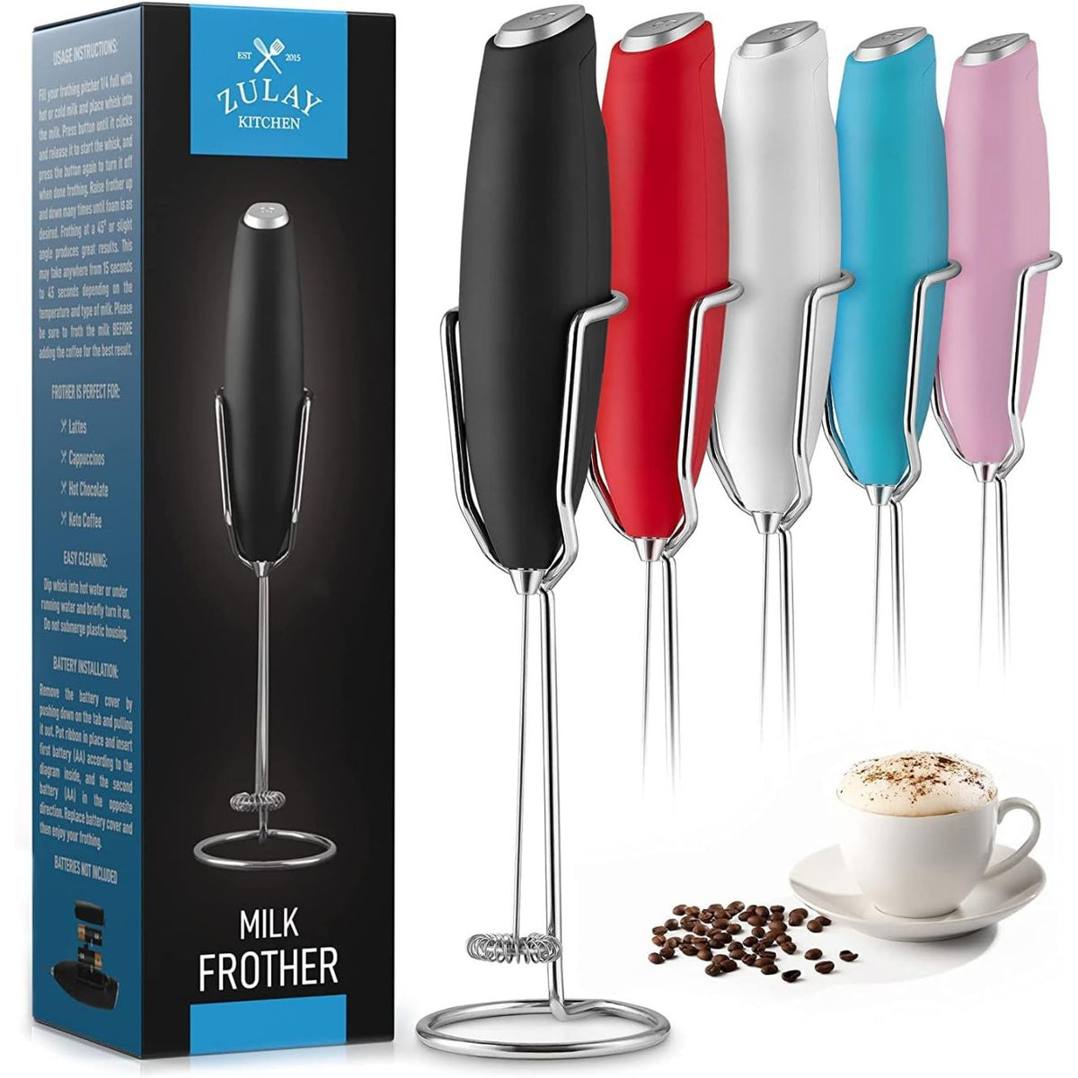 PowerLix Milk Frother Handheld Battery Operated Electric Whisk Foam Maker  For Coffee With Stainless Steel Stand Included - Metallic Black