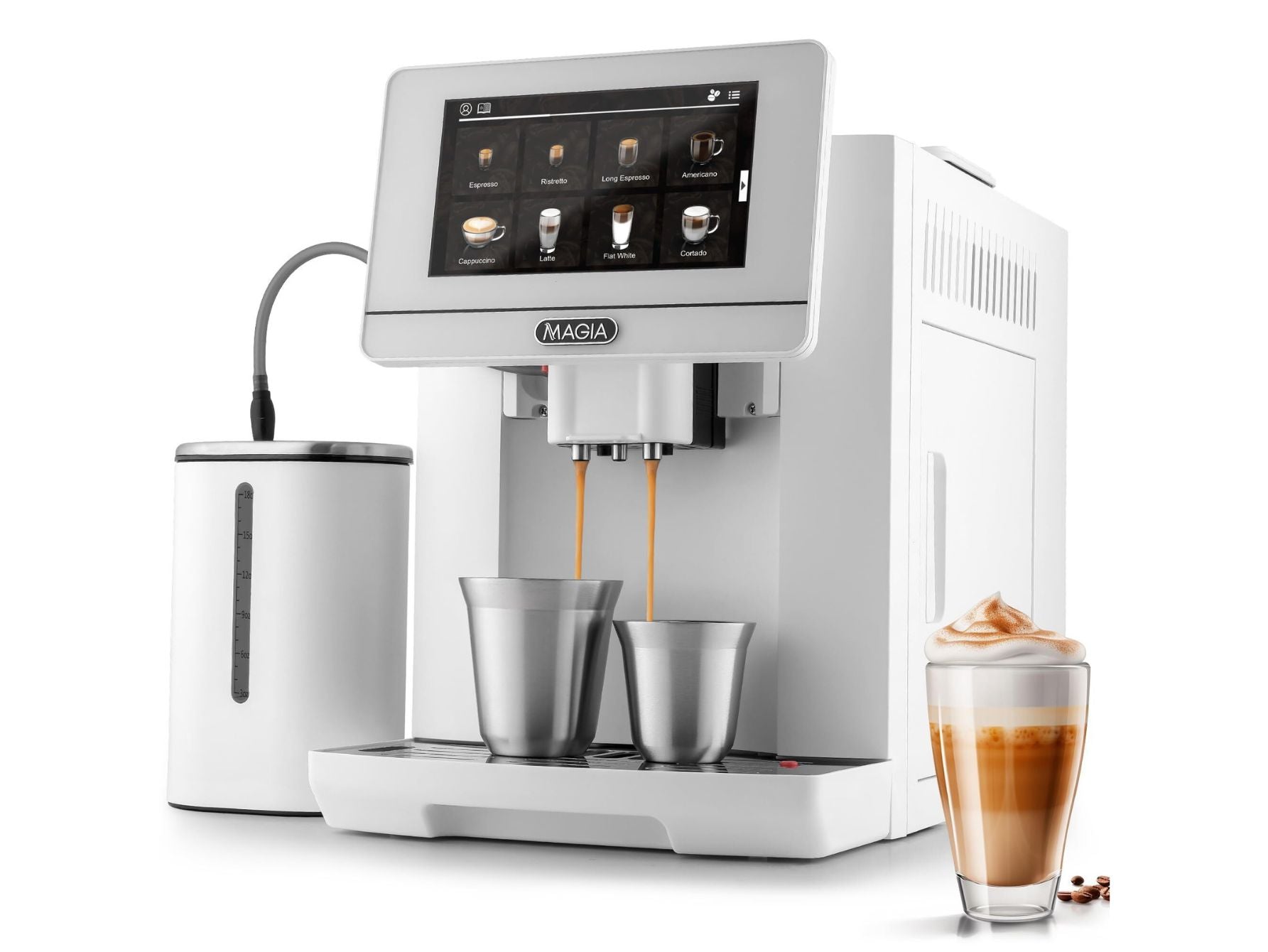 Zulay Magia LUX White Automatic Espresso Machine with Milk Container and Espresso Cups