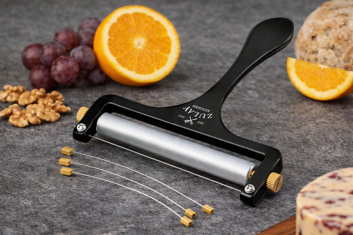 Zulay kitchen cheese slicer with cheese strings on a gray surface with fruits and nuts.