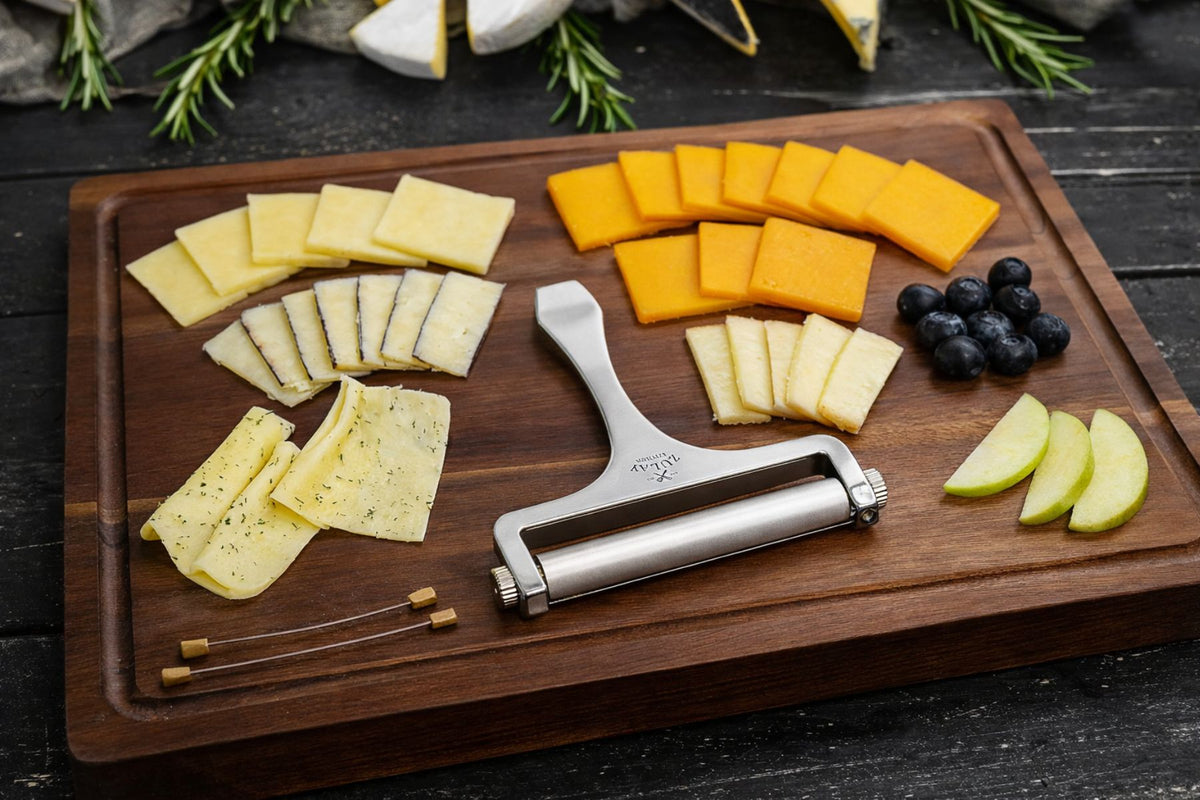 Wooden cutting board with various types of cheese and the Zulay Kitchen Wire Cheese Slicer on a dark surface.