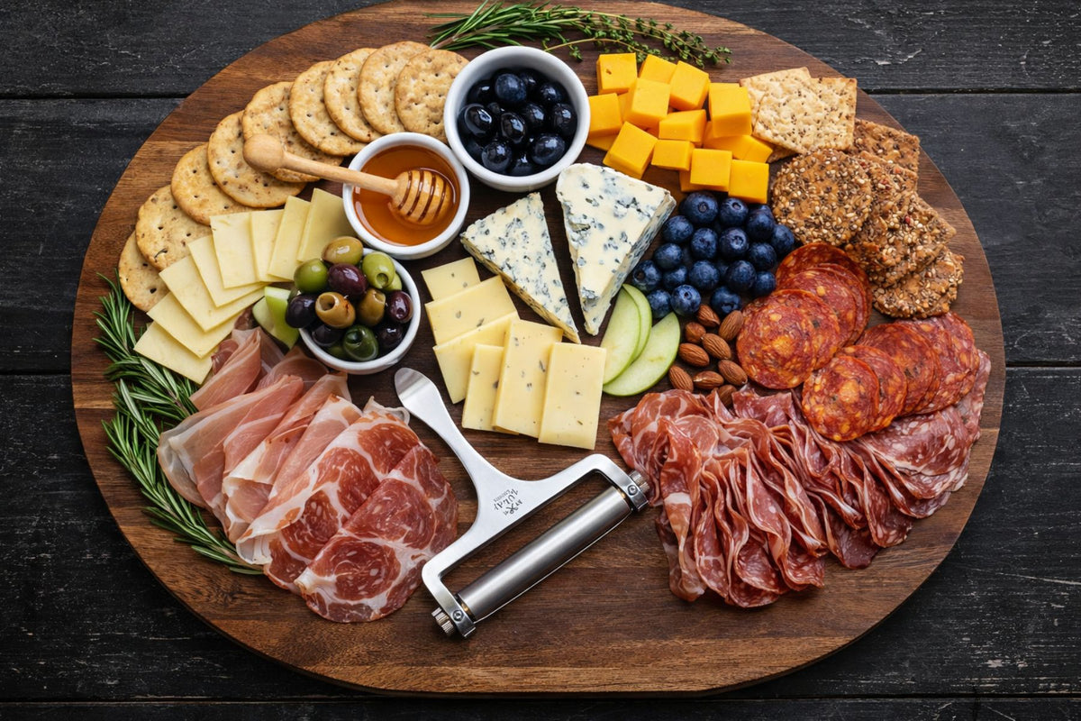 Wooden platter with assorted meats, cheeses, the Zulay Kitchen Wire Cheese Slicer and fruits on a dark wooden surface