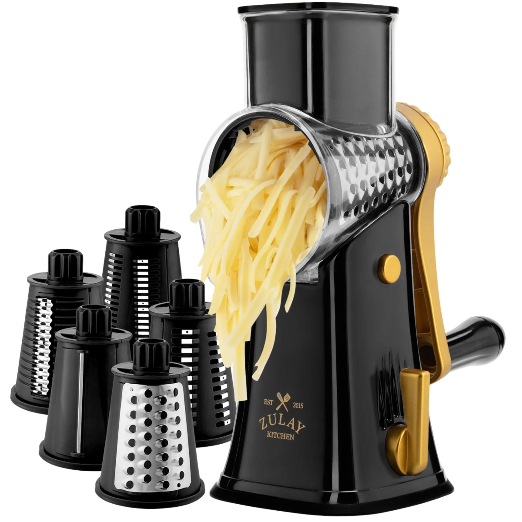 Rotary Cheese Grater with 5 Interchangeable Blades - Black & Gold by Zulay Kitchen
