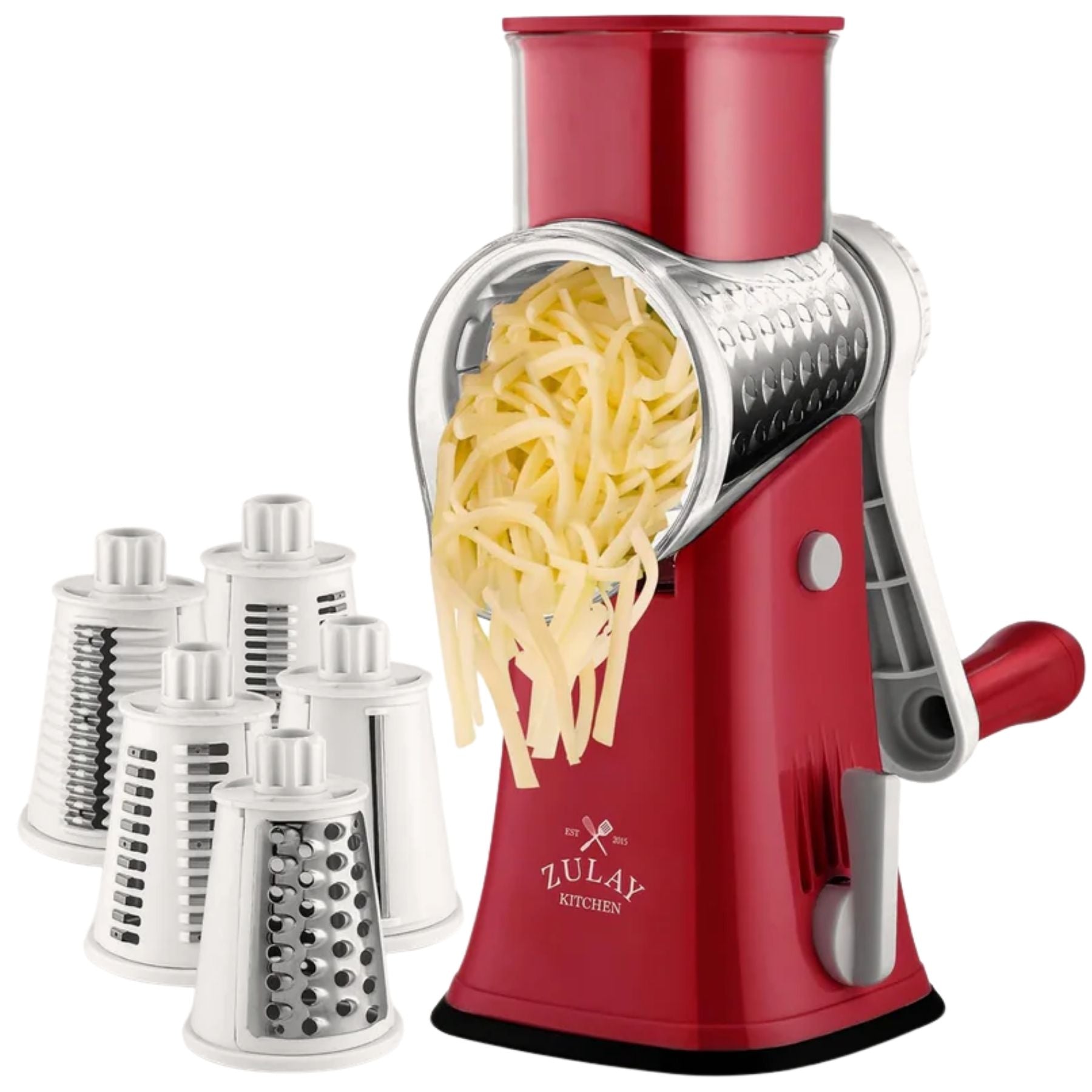Rotary Cheese Grater with 5 Interchangeable Blades - White & Red by Zulay Kitchen