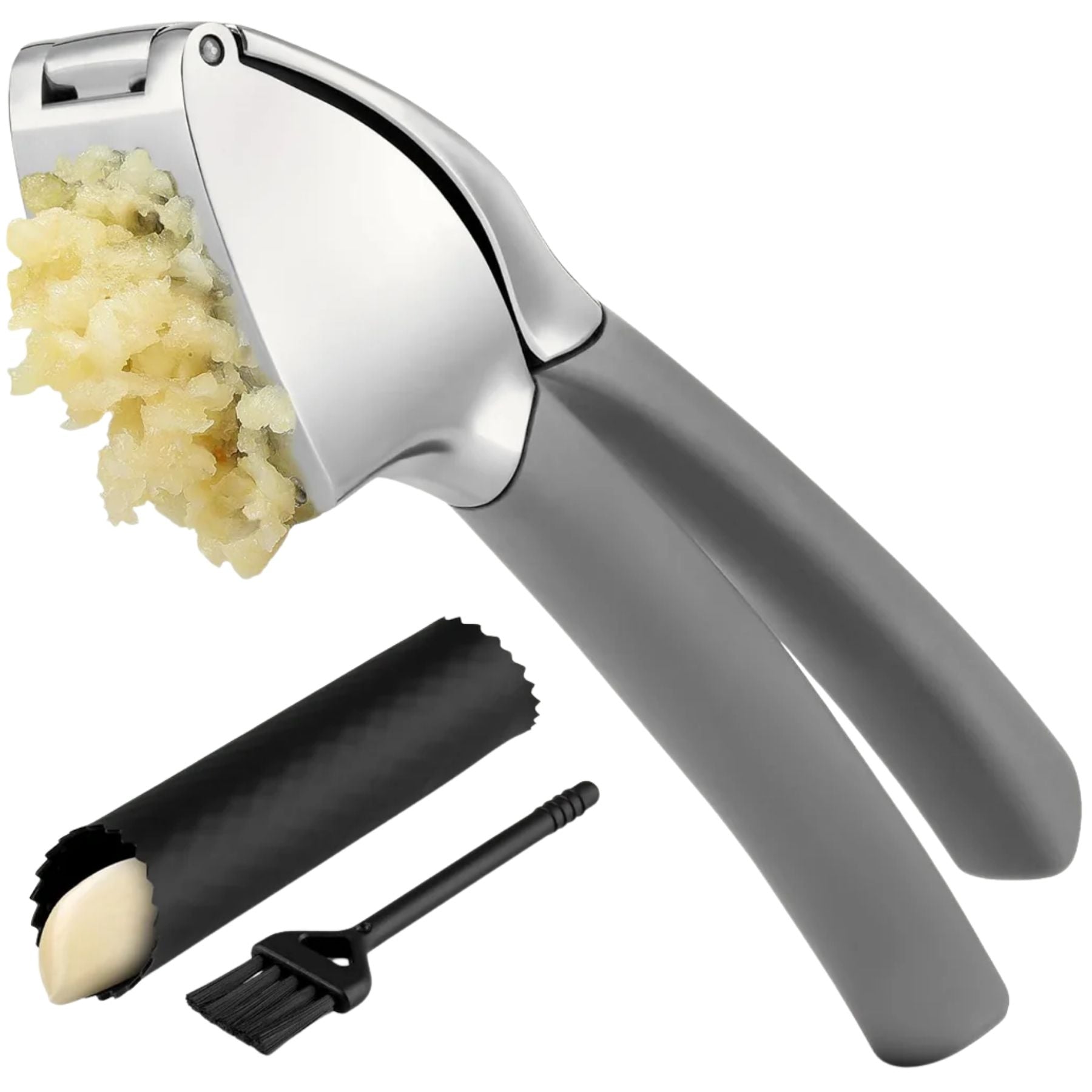 Garlic Press Comfort Grip with Peeler and Brush - Gray by Zulay Kitchen