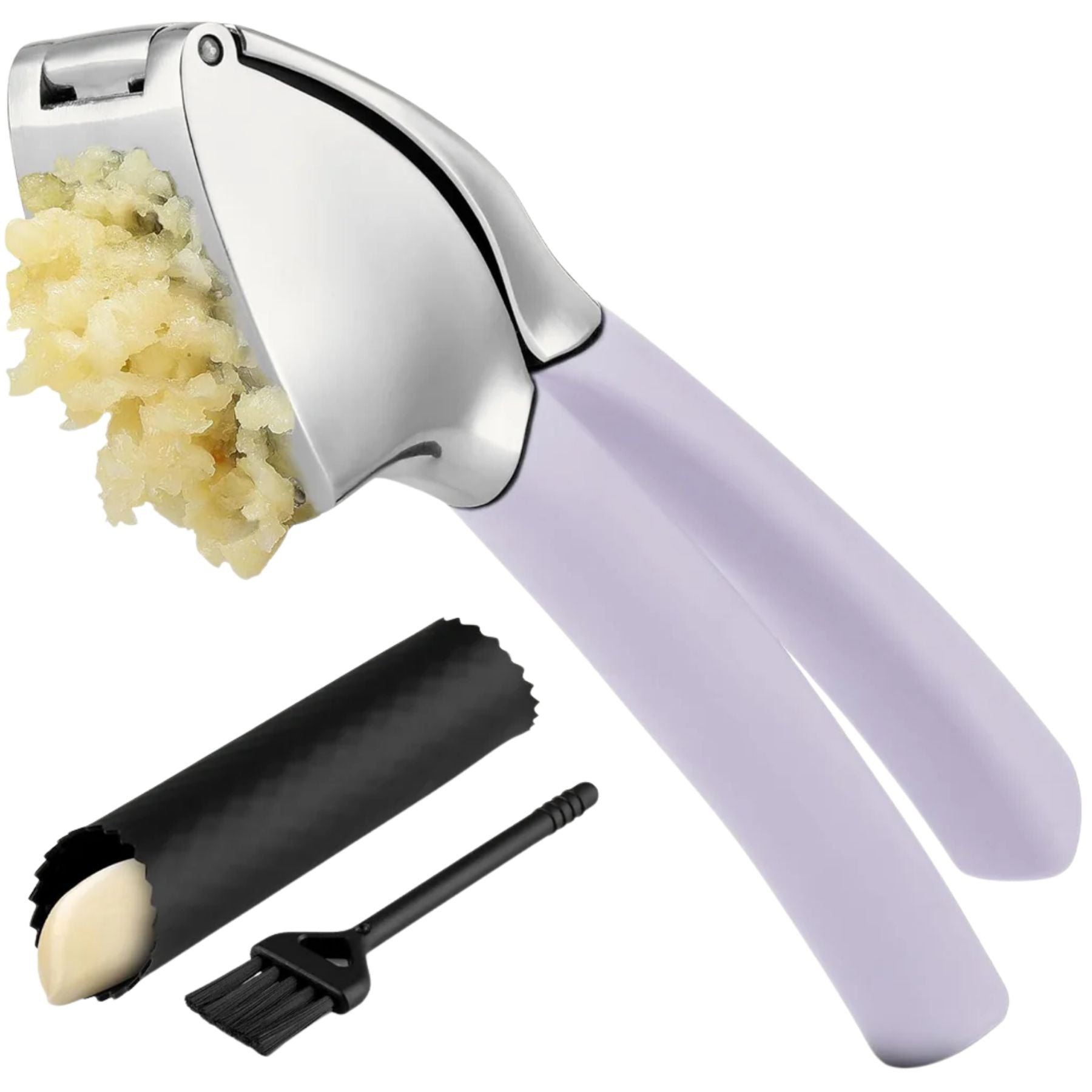 Garlic Press Comfort Grip with Peeler and Brush - Lavender by Zulay Kitchen