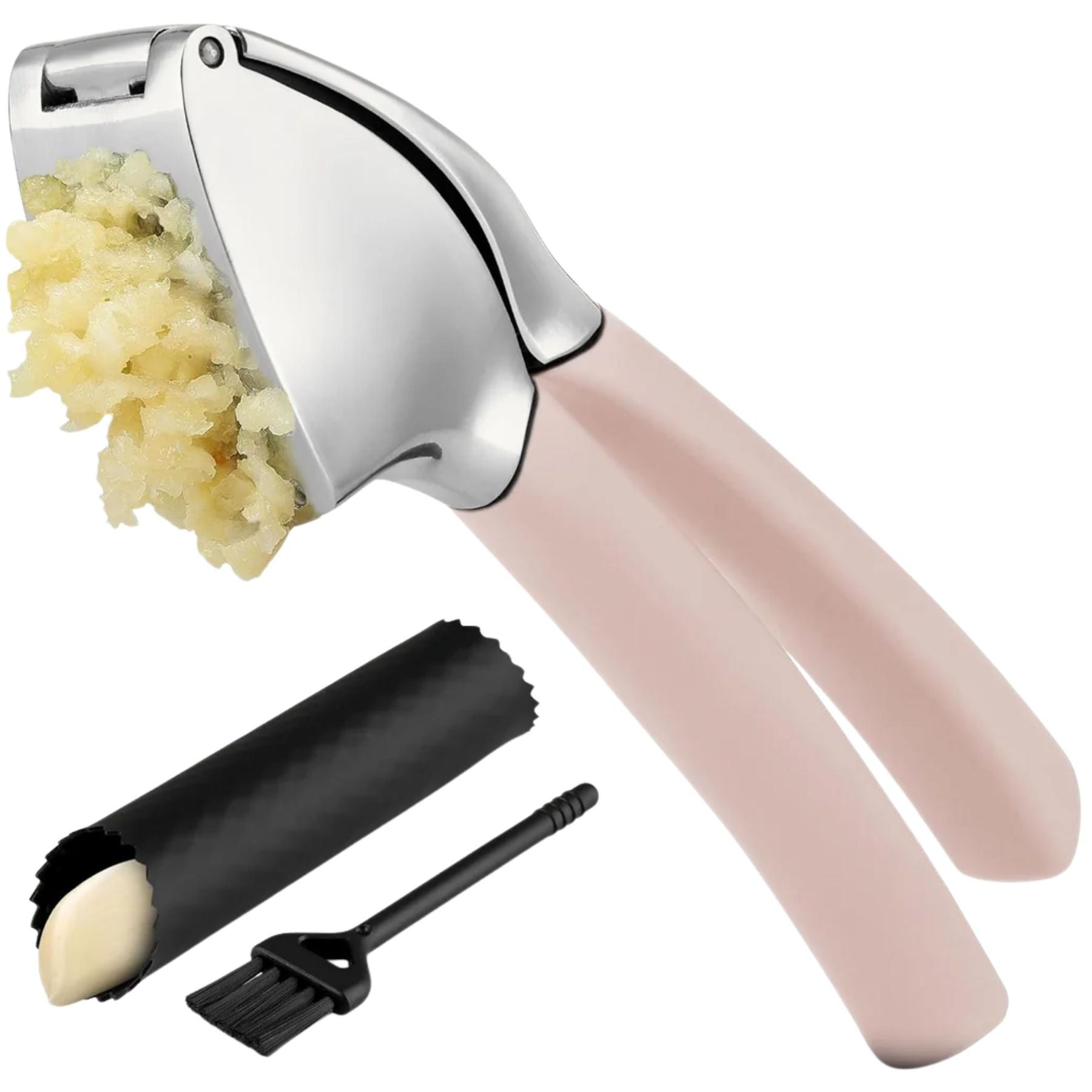 Garlic Press Comfort Grip with Peeler and Brush - Light Pink by Zulay Kitchen