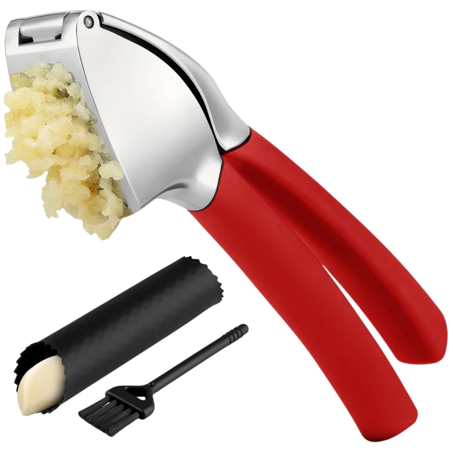 Garlic Press Comfort Grip with Peeler and Brush - Red Ombre by Zulay Kitchen
