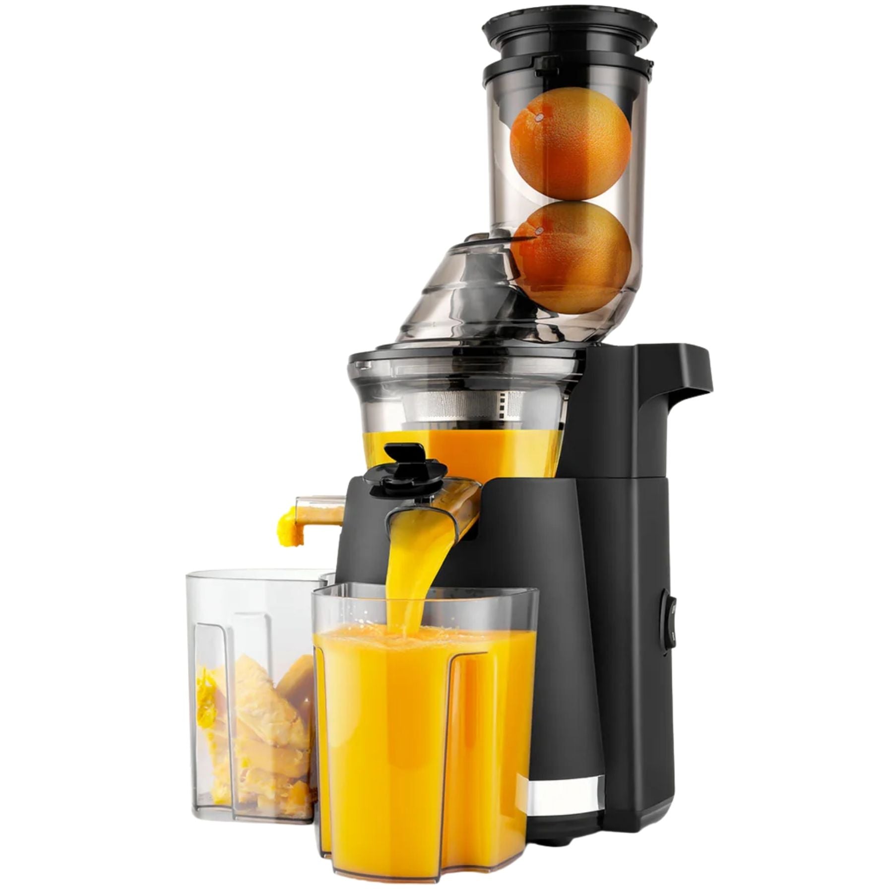 Modern cold press masticating juicer machine with orange juice