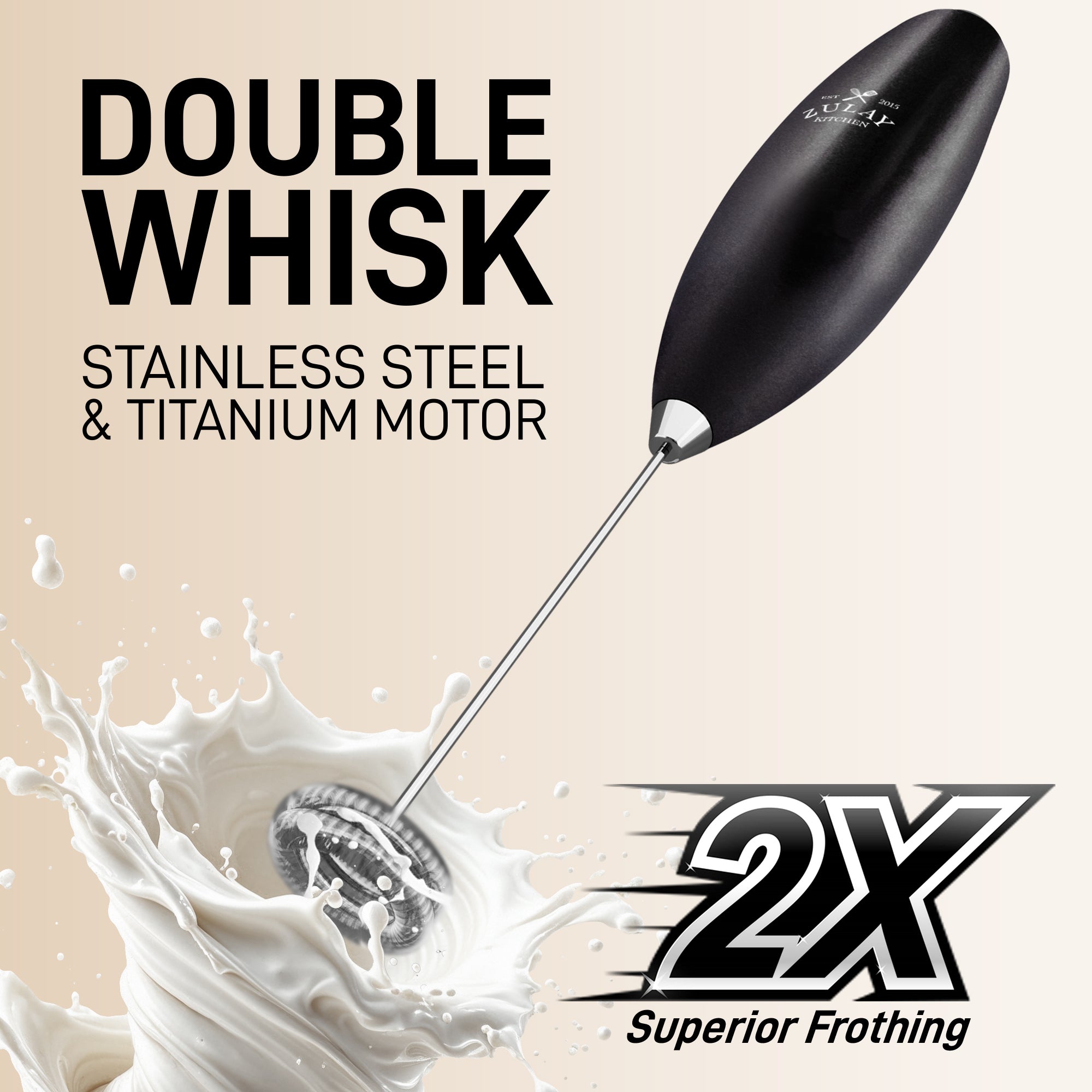 Black double whisk with stainless steel and titanium motor on a beige background with milk being frothed.