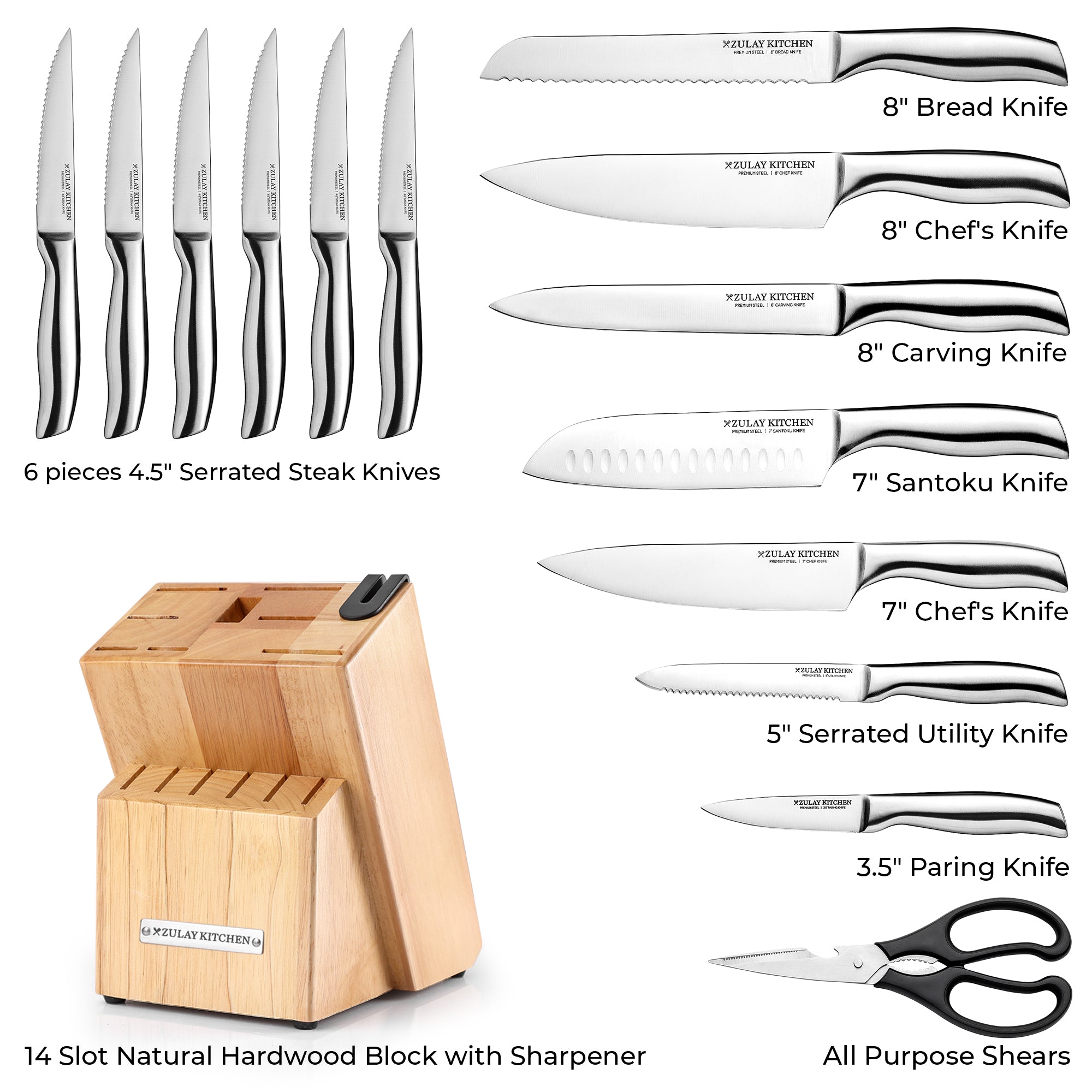 15-Piece Stainless Steel Knife Set with Hardwood Block and Sharpener by Zulay Kitchen