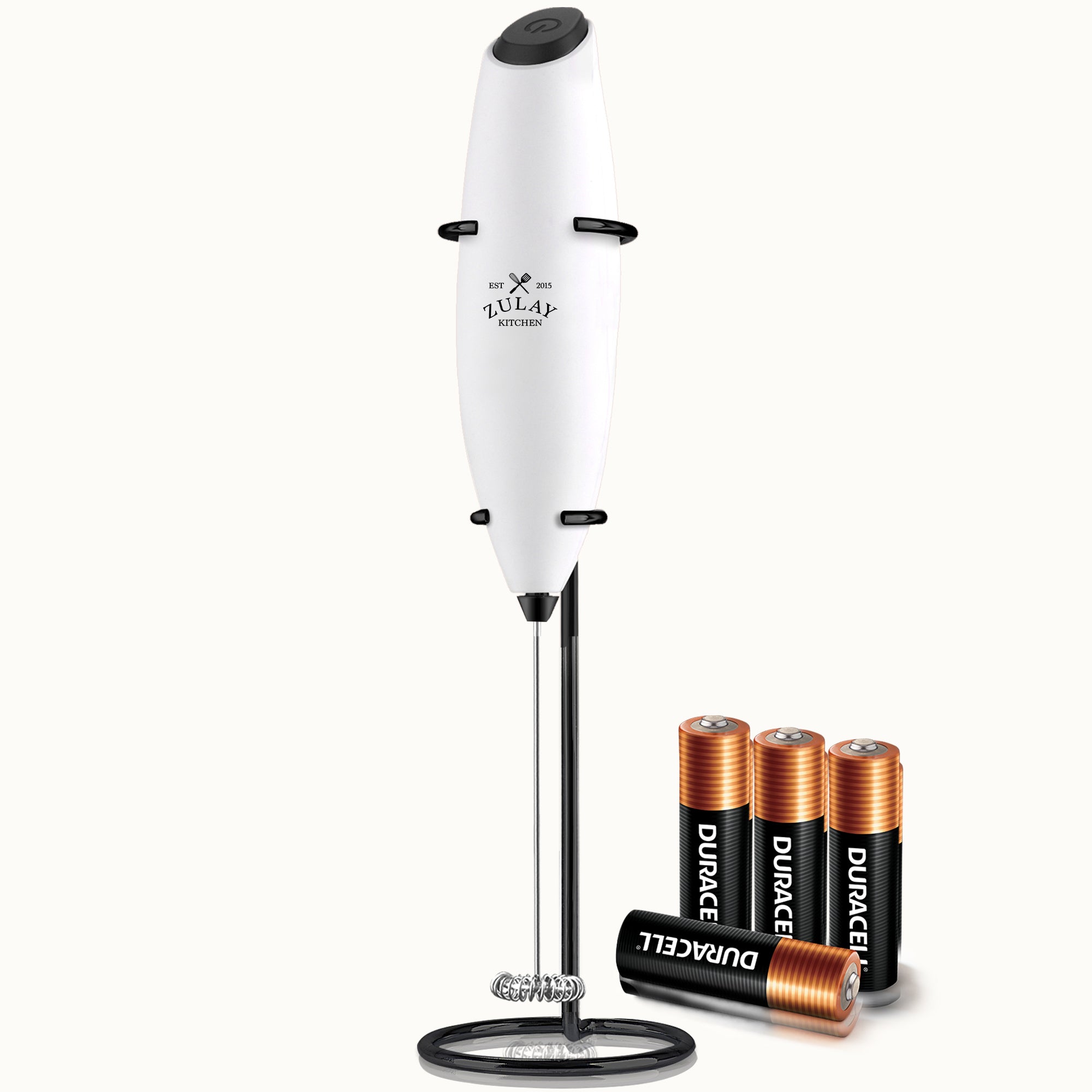 Milk Frother with 4 Batteries - Duracell Powered - Exec White n Black w Black Stand by Zulay Kitchen