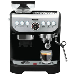 Black espresso machine with a glass of coffee on a white background