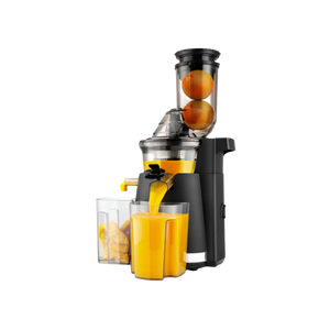 Black and clear Zulay Kitchen Masticating juicer with oranges being juiced, orange juice in a glass, and additional oranges.
