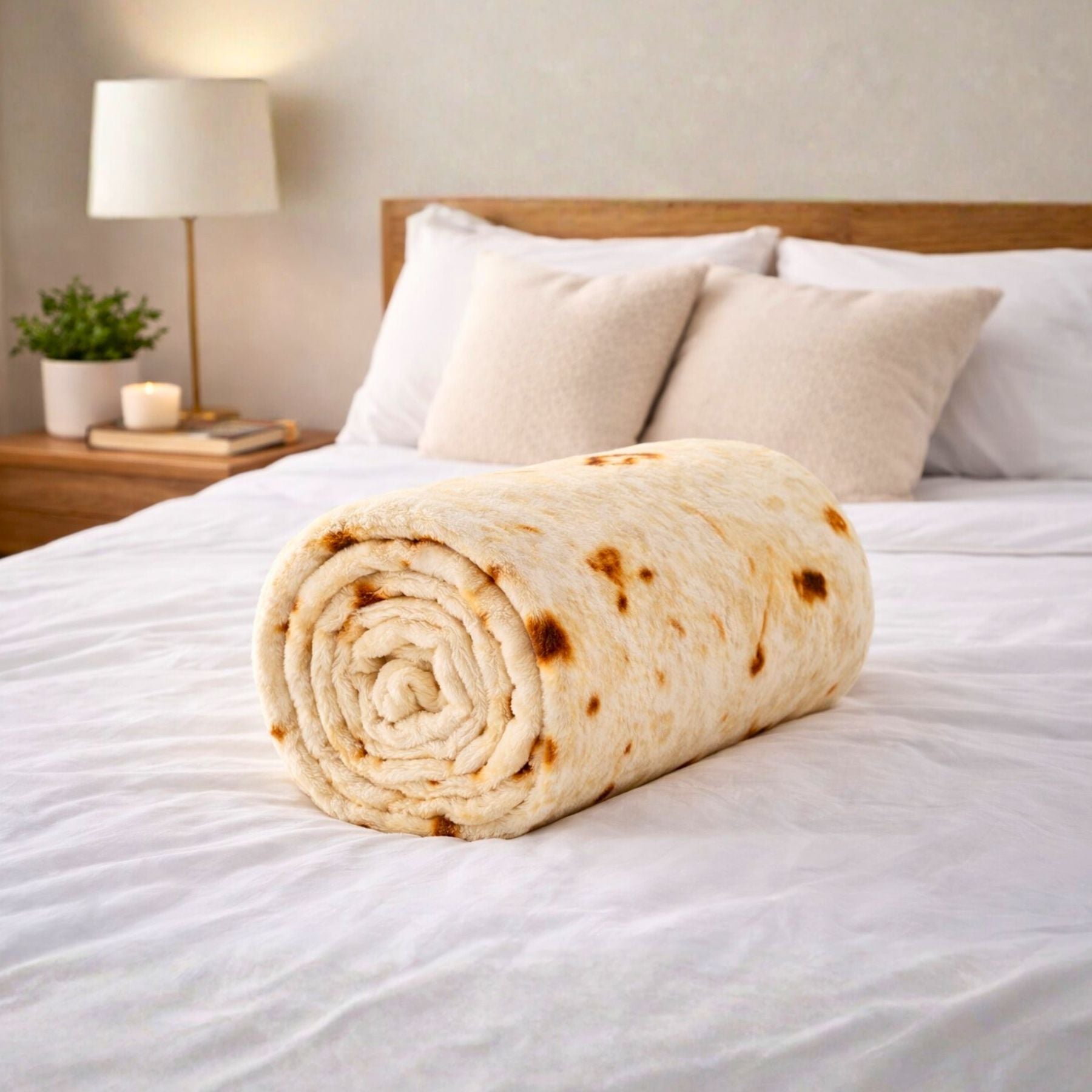 Rolled Zulay Kitchen tortilla blanket on a bed in a bedroom setting
