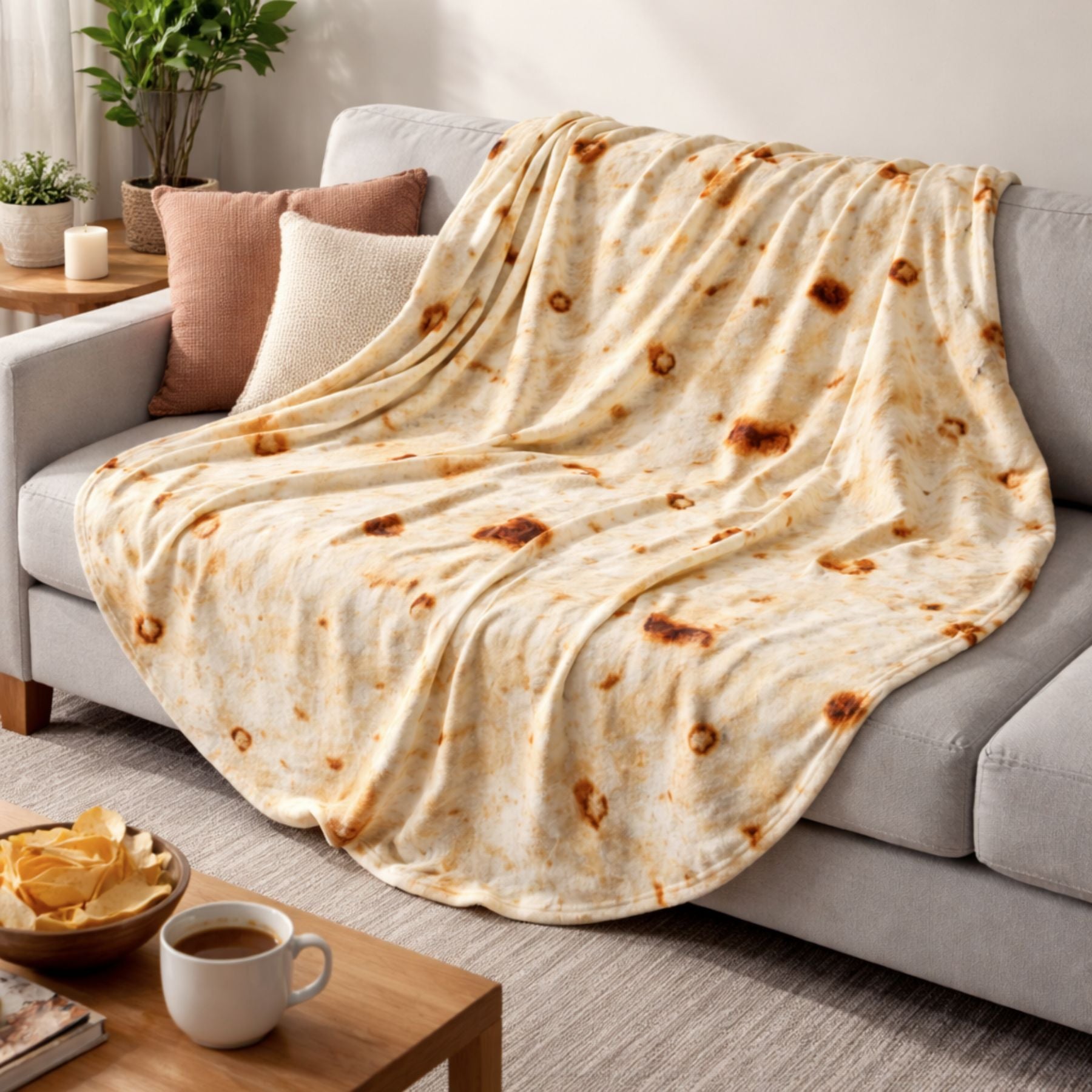 Zulay Kitchen tortilla blanket draped over a sofa with a coffee cup and chips on a side table.