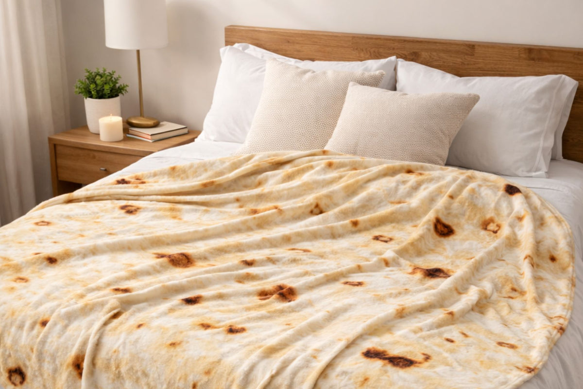 Bed with Zulay Kitchen tortilla blanketdraped over it in a bedroom setting.
