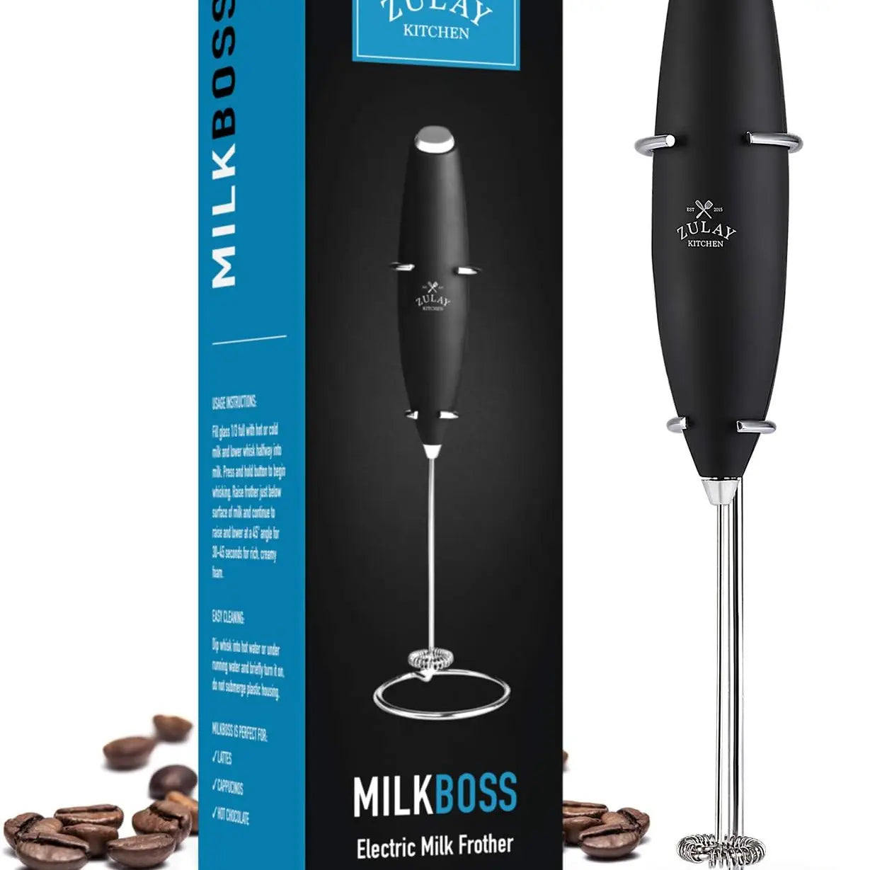 Zulay Milk Boss Mighty Milk Frother Handheld Whisk Mixer With 16-Piece  Stencils Smooth Teal