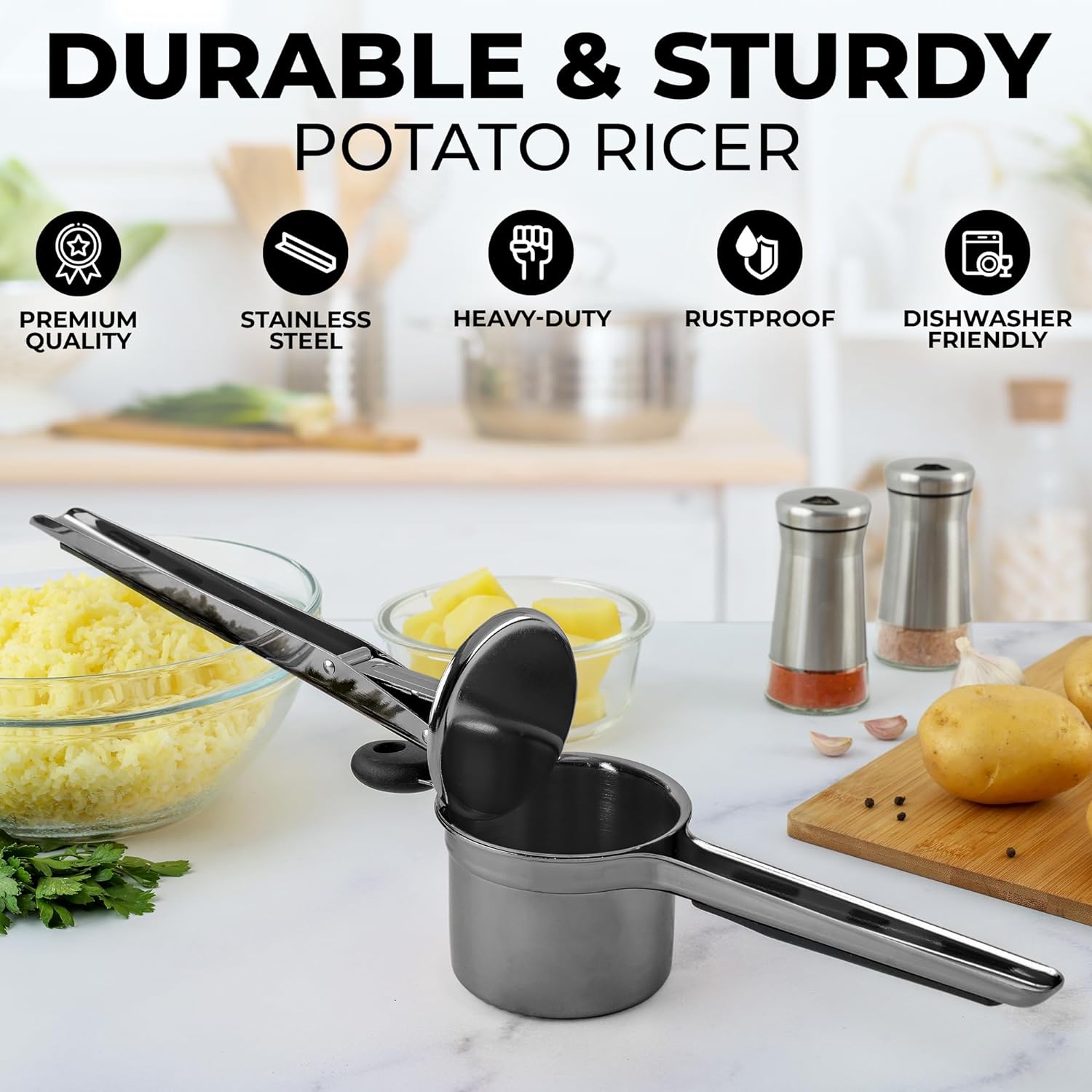 Large 20oz Potato Ricer, Heavy Duty Stainless Steel Potato Masher and Ricer  Kitchen Tool, Press and Mash For Perfect Mashed Potatoes 