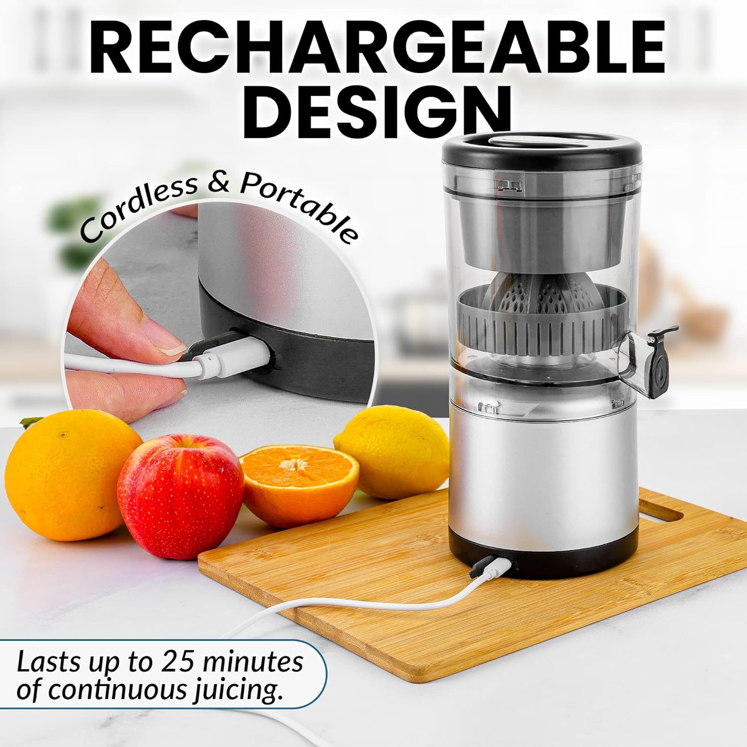  Zulay Kitchen Juice Vortex Lemon & Orange Juicer - Electric  Citrus Squeezer & Presser - Rechargeable Juicer Machine - Wireless Portable  Juicer - USB Charger & Cleaning Brush Included (Black/Silver): Home
