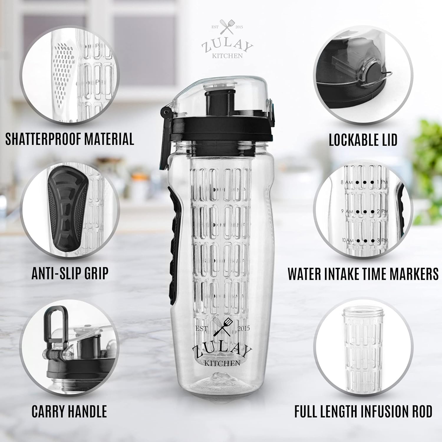 Zulay Kitchen Portable Water Bottle with Fruit Infuser Features