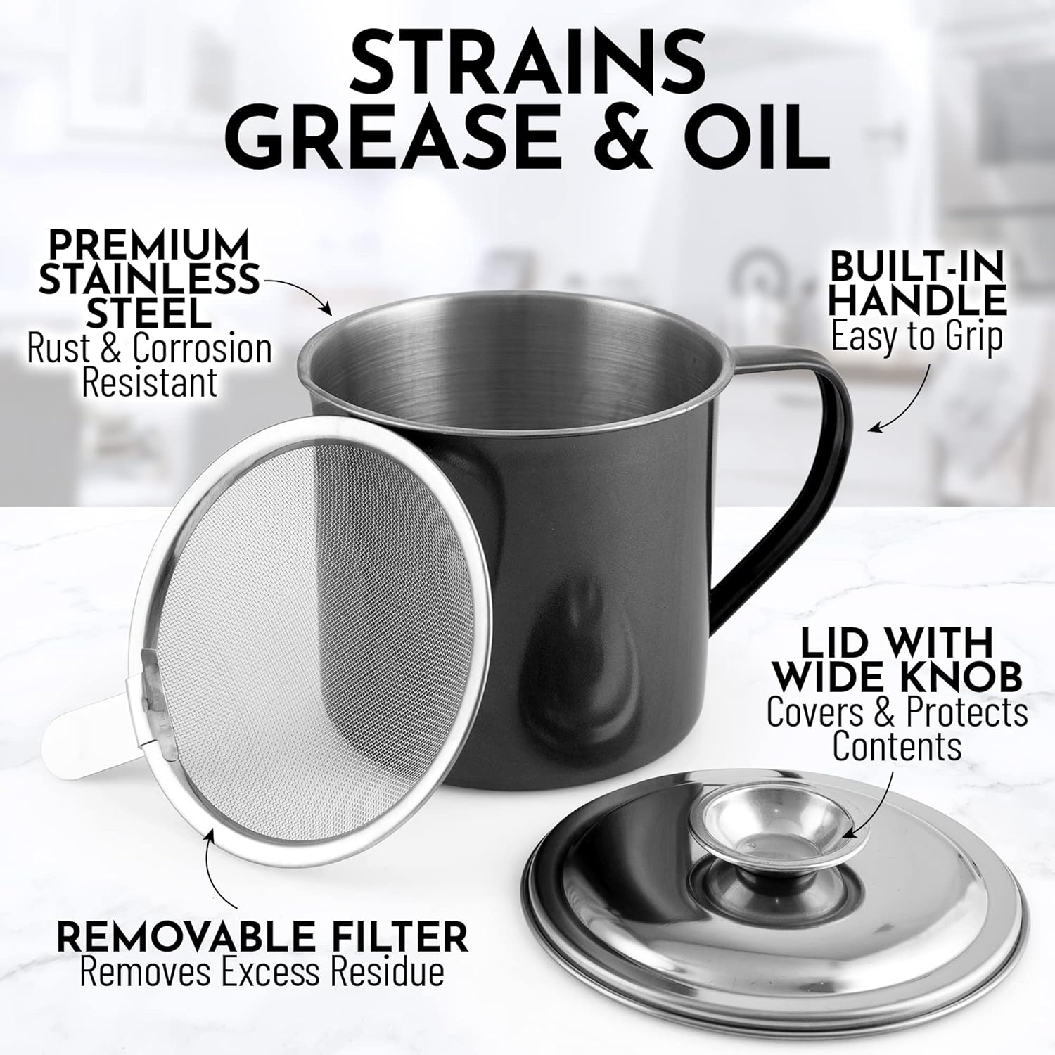 Zulay Kitchen Bacon Grease Container with Strainer - Black