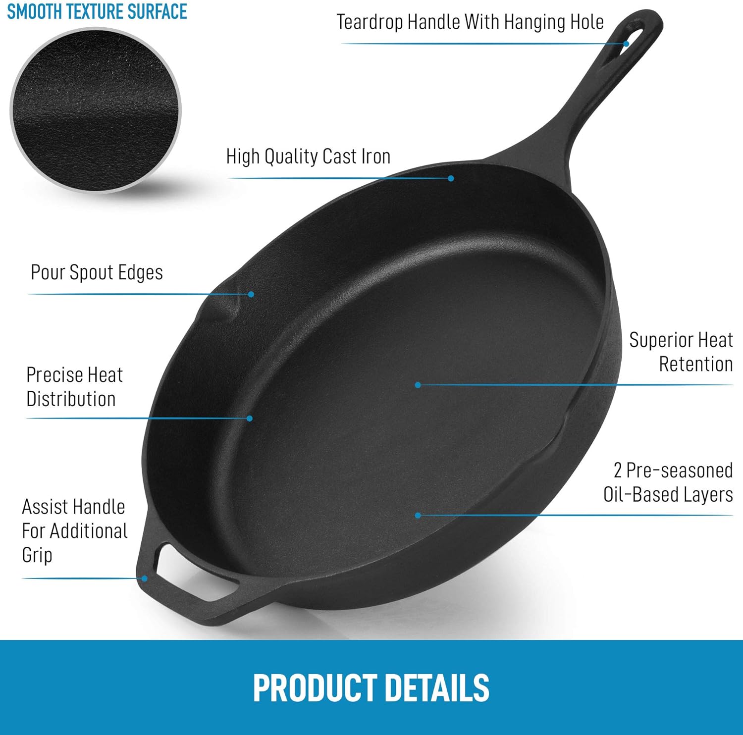 Pre-Seasoned 12 inch Cast Iron Skillet Cooking Pan with Silicone Grip. NEW!!