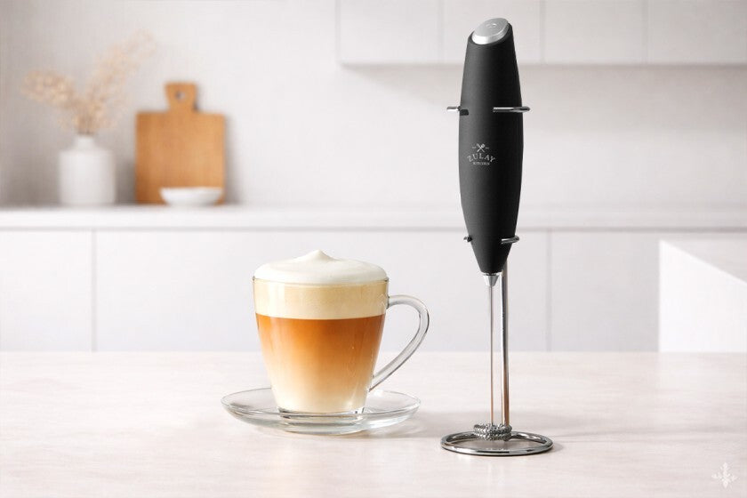 Black handheld milk frother next to a cup of layered coffee on a white countertop.