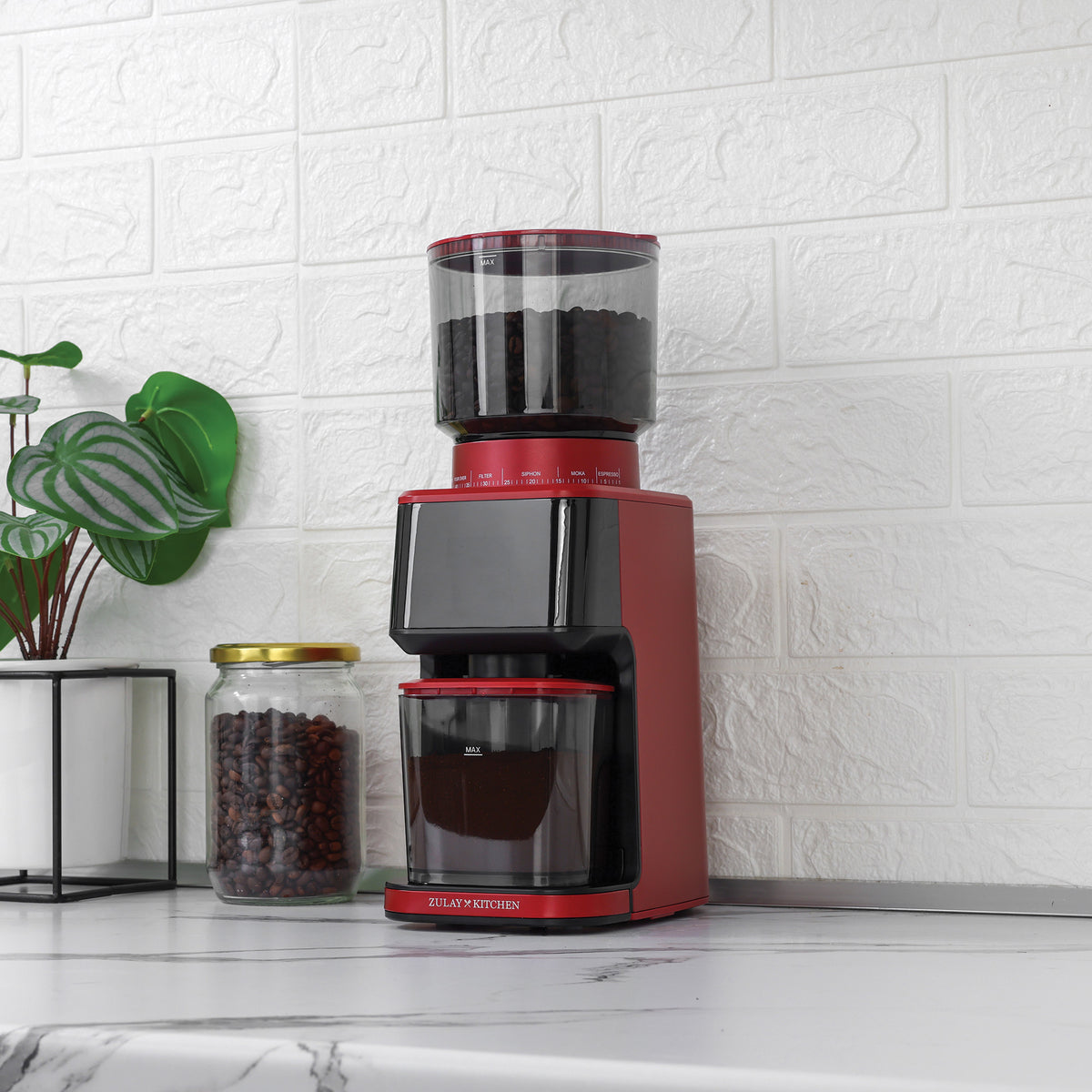 Zulay kitchen red espresso grinder on counter