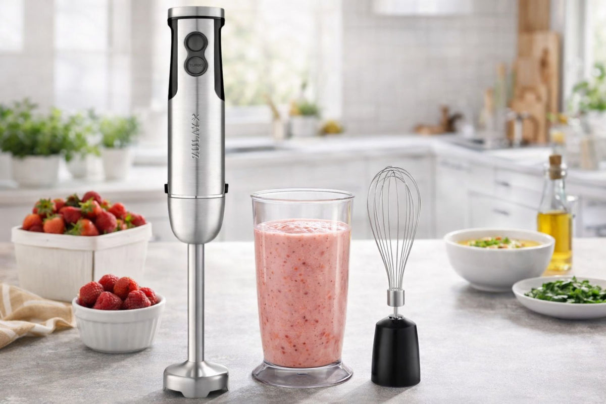 Zulay Kitchen 3-in-1 Immersion Blender with a smoothie and accessories on a kitchen counter