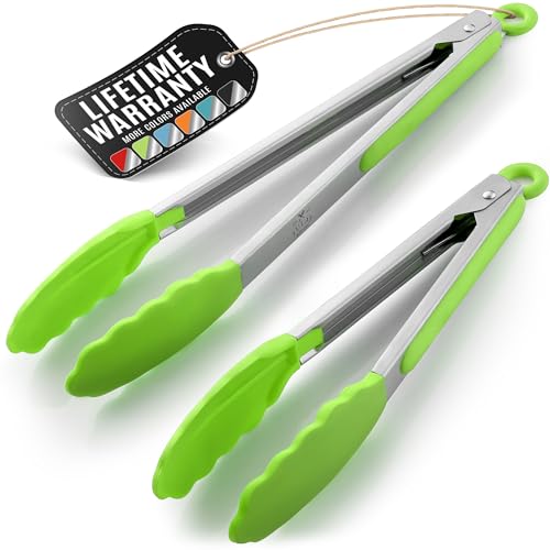 Zulay Kitchen Tongs for Cooking (9 & 12), Silver - Light Green