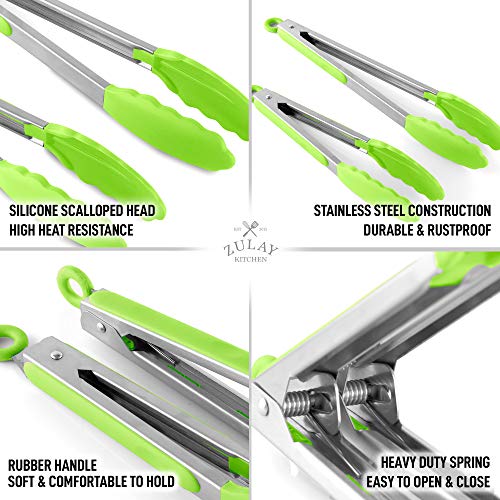 Fulier 3pcs Stainless Steel Kitchen Tongs Silicone Cooking Tongs Green, Size: 7Tong x 1; 9Tong x 1; 12Tong x 1