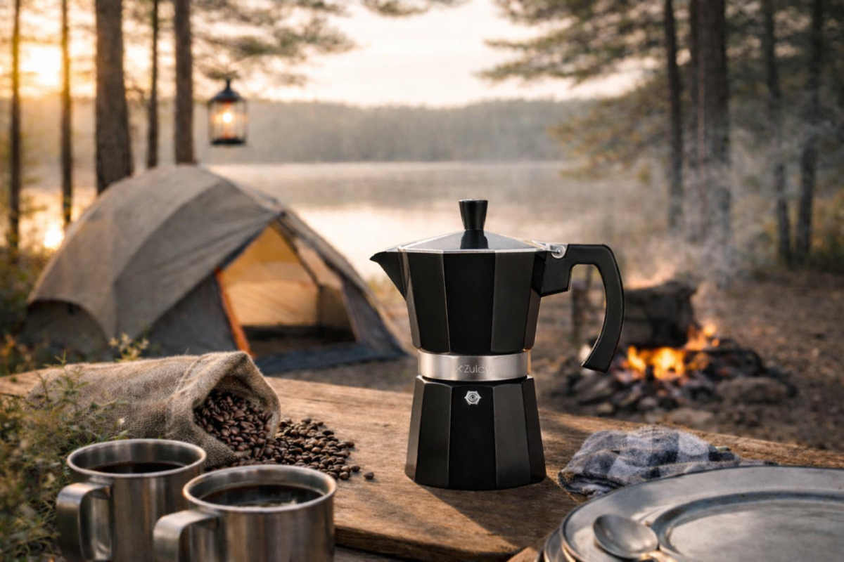 Camping scene with a coffee maker, cups, and campfire in a forest setting.