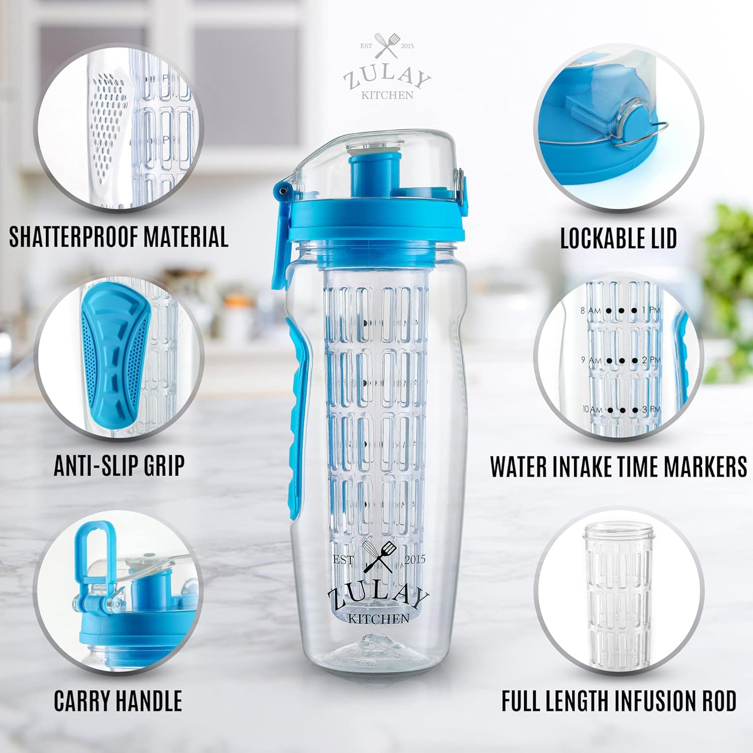 Zulay Kitchen Portable Water Bottle with Fruit Infuser - Blue