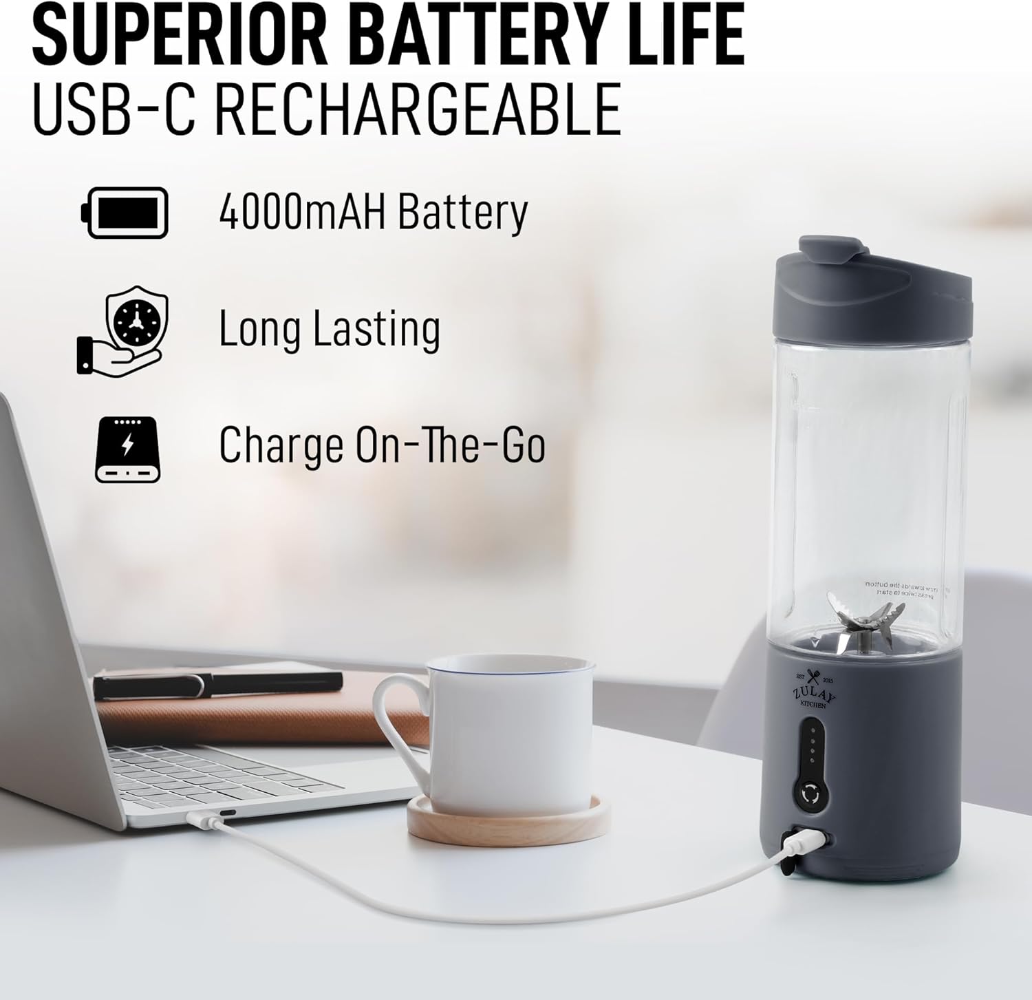 USB-C rechargeable device with laptop and mug on a desk