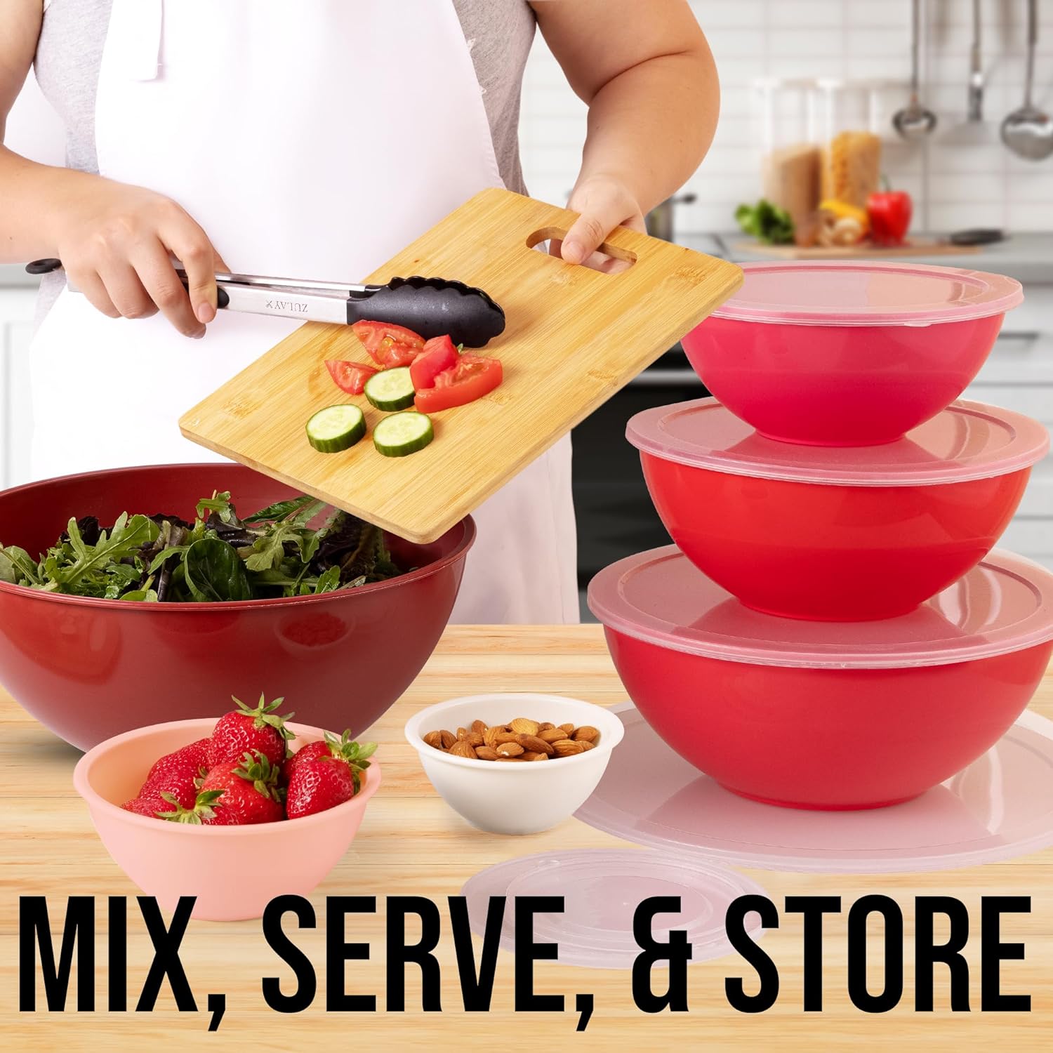 Plastic Mixing Bowls with Lids Set 12pc Red