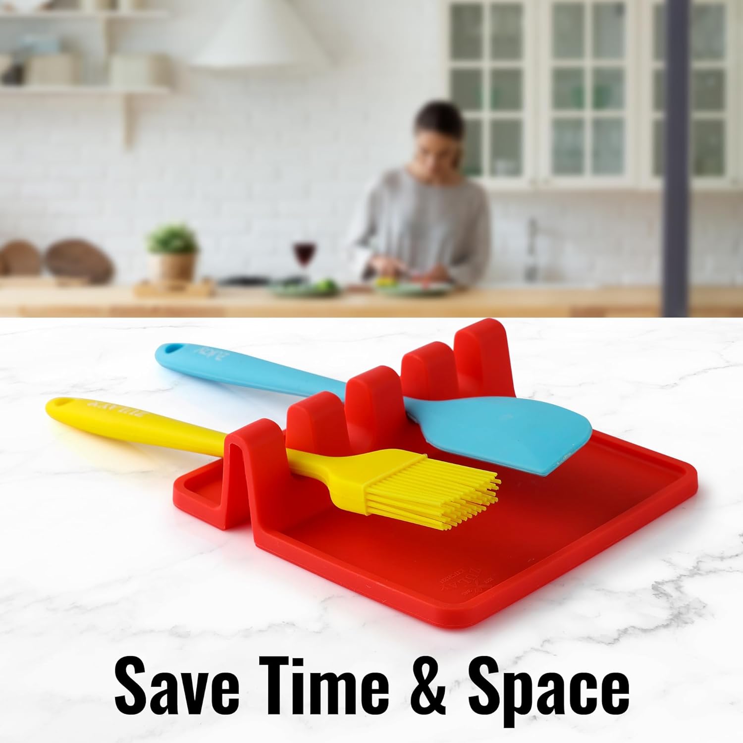 Zulay Kitchen Silicone Utensil Rest with Drip Pad - Bright Red