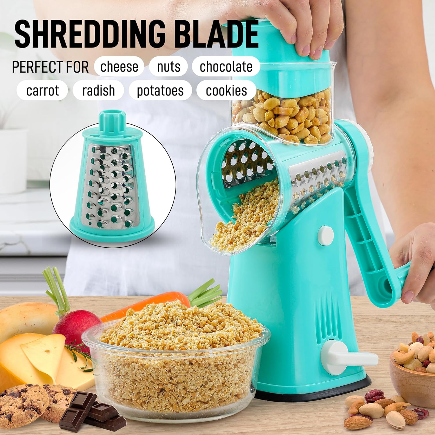 Rotary Cheese Grater Handheld, Vegetable Mandoline Slicer Easy Cleaning, Kitchen Cheese Grater Shredder with 3 Drum Blades