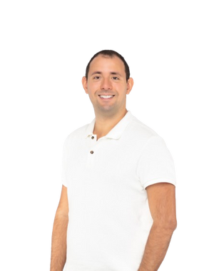 Aaron wearing a white polo shirt on a white background