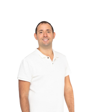 Aaron wearing a white polo shirt on a white background