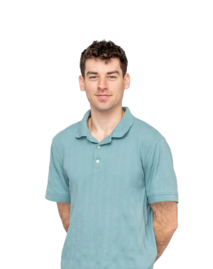 Cobi wearing a light blue polo shirt on a white background